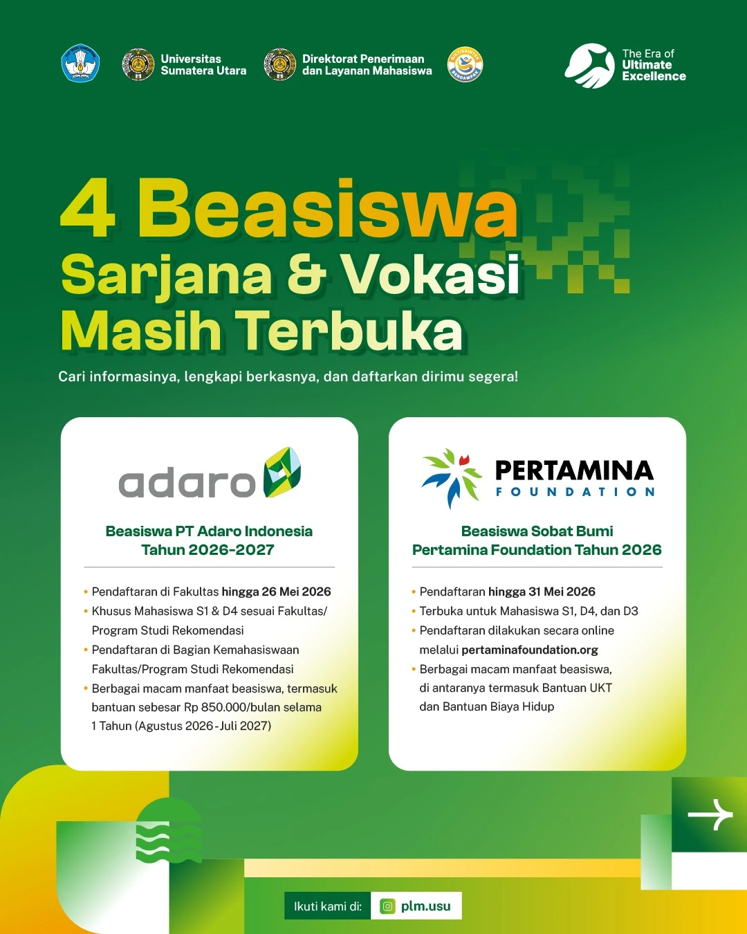 Masih Terbuka, Beasiswa untuk Sarjana dan Vokasi USU!